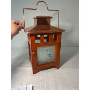 Wood Mission Style Hinged Door Glass Panels Candle‎ Holder Copper Top